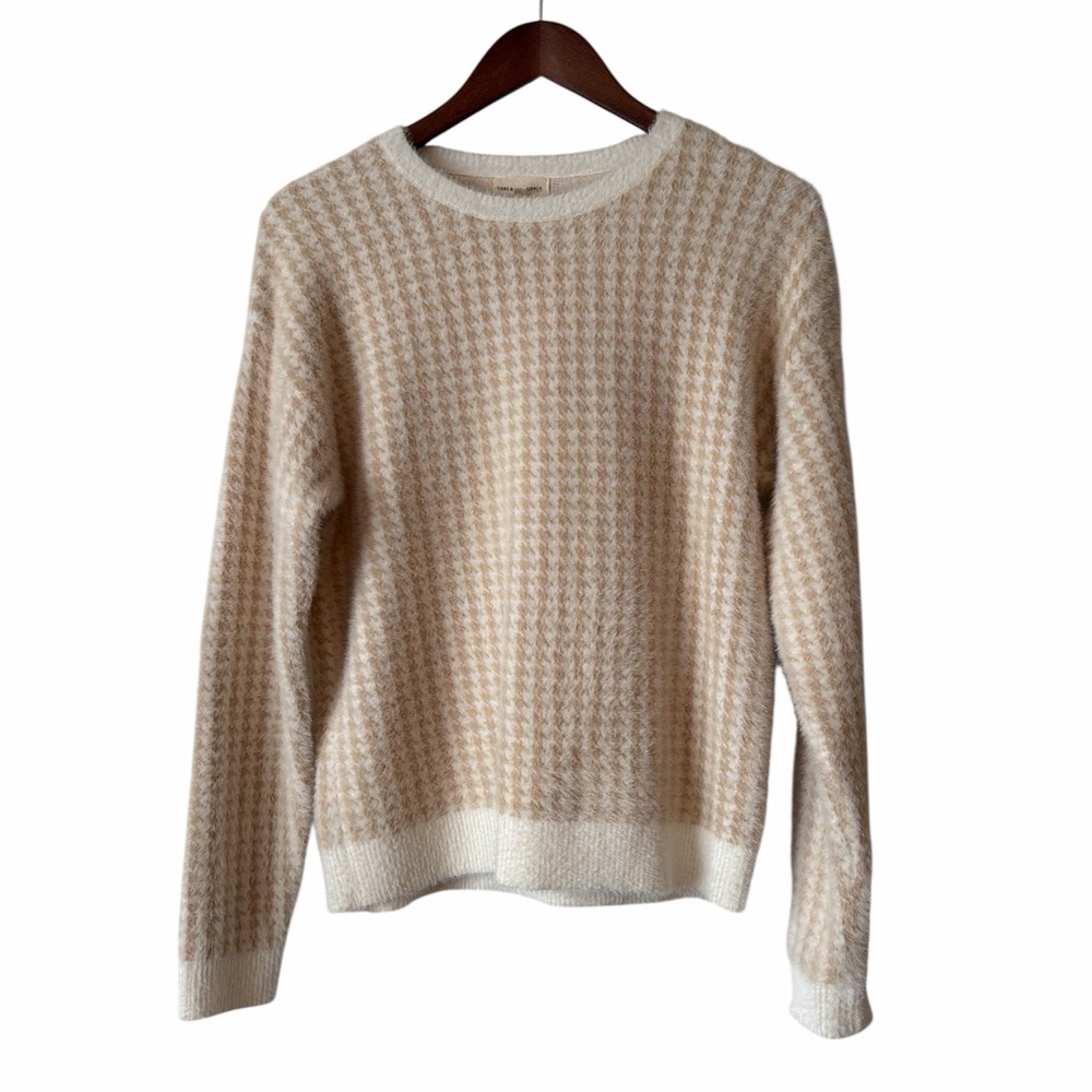 Thread & Supply check sweater XS camel ivory super soft crew neck preppy classic